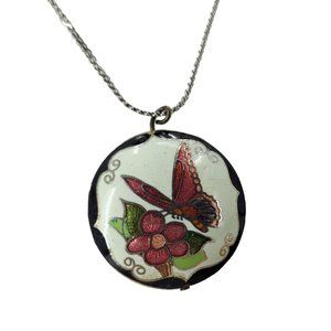 VTG Cloisonné Double Sided Puffy Butterflies And Flowers Pendant Necklace